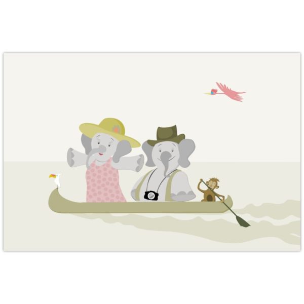 Affiche deux éléphants sur un fleuve dans une pirogue